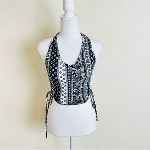 Fashion Nova Blue & White Paisley Patchwork Side Ruched Halter Crop Top